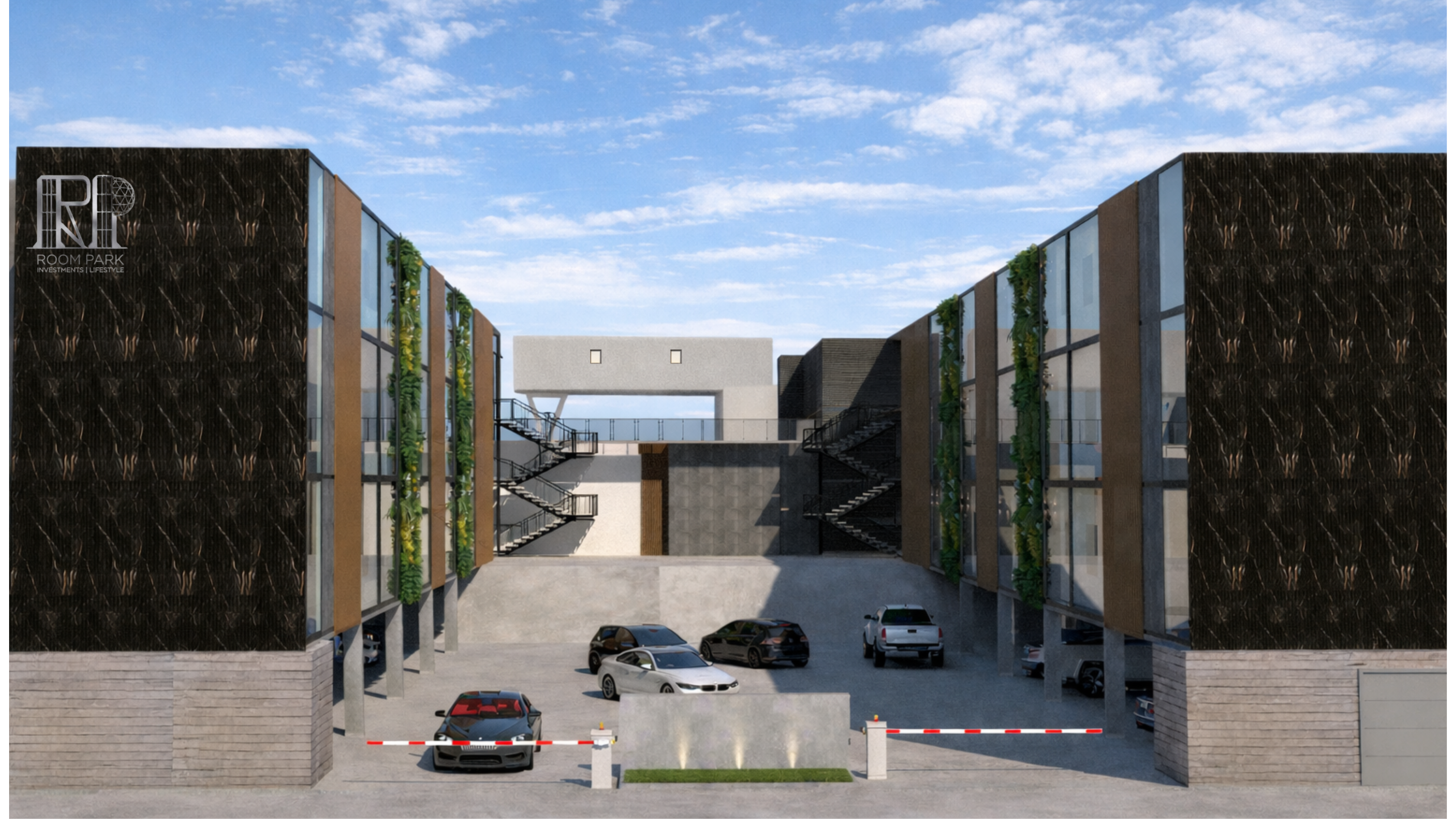 Acceso principal — entrada y estacionamiento