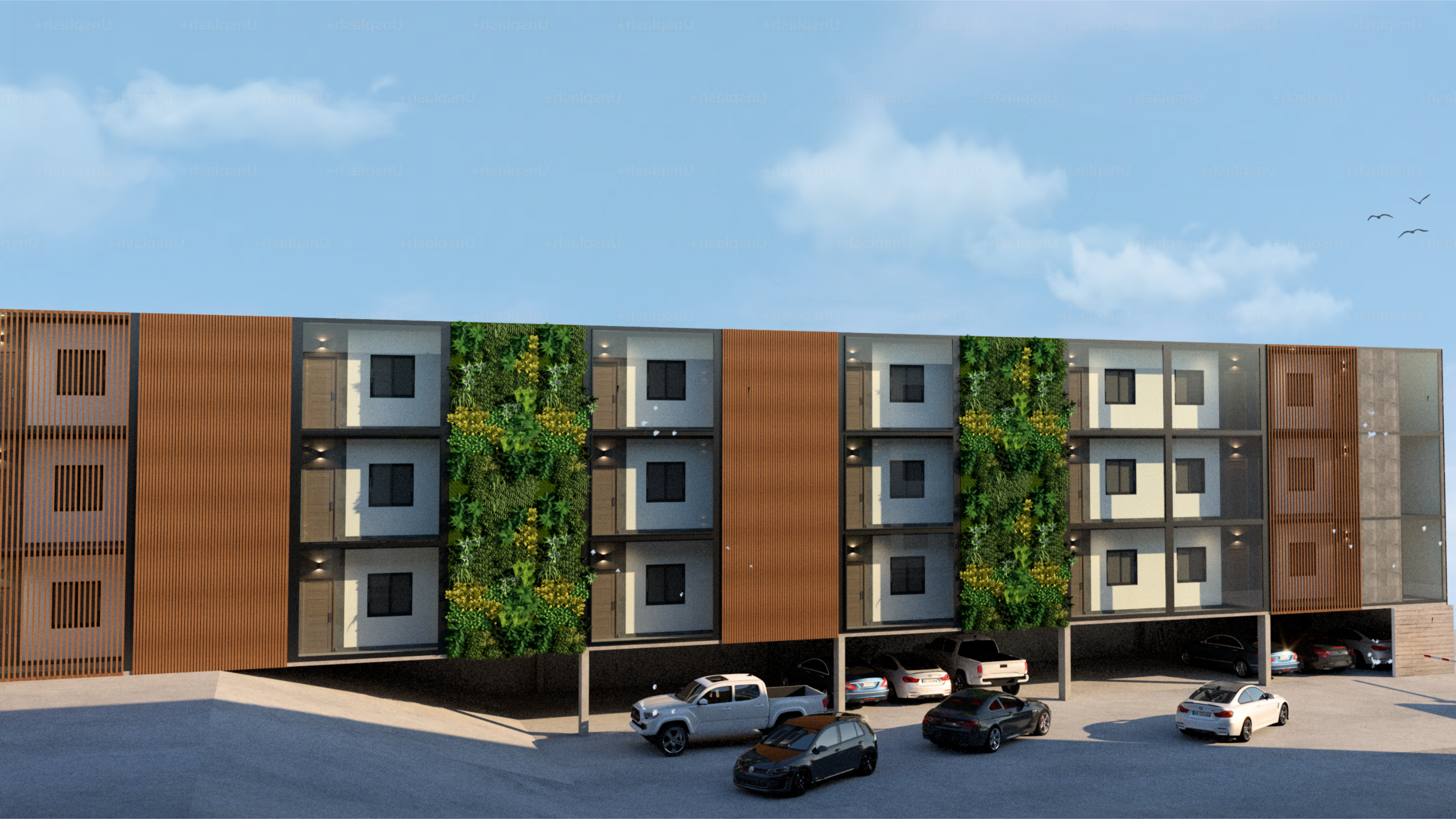 Vista lateral con jardín vertical