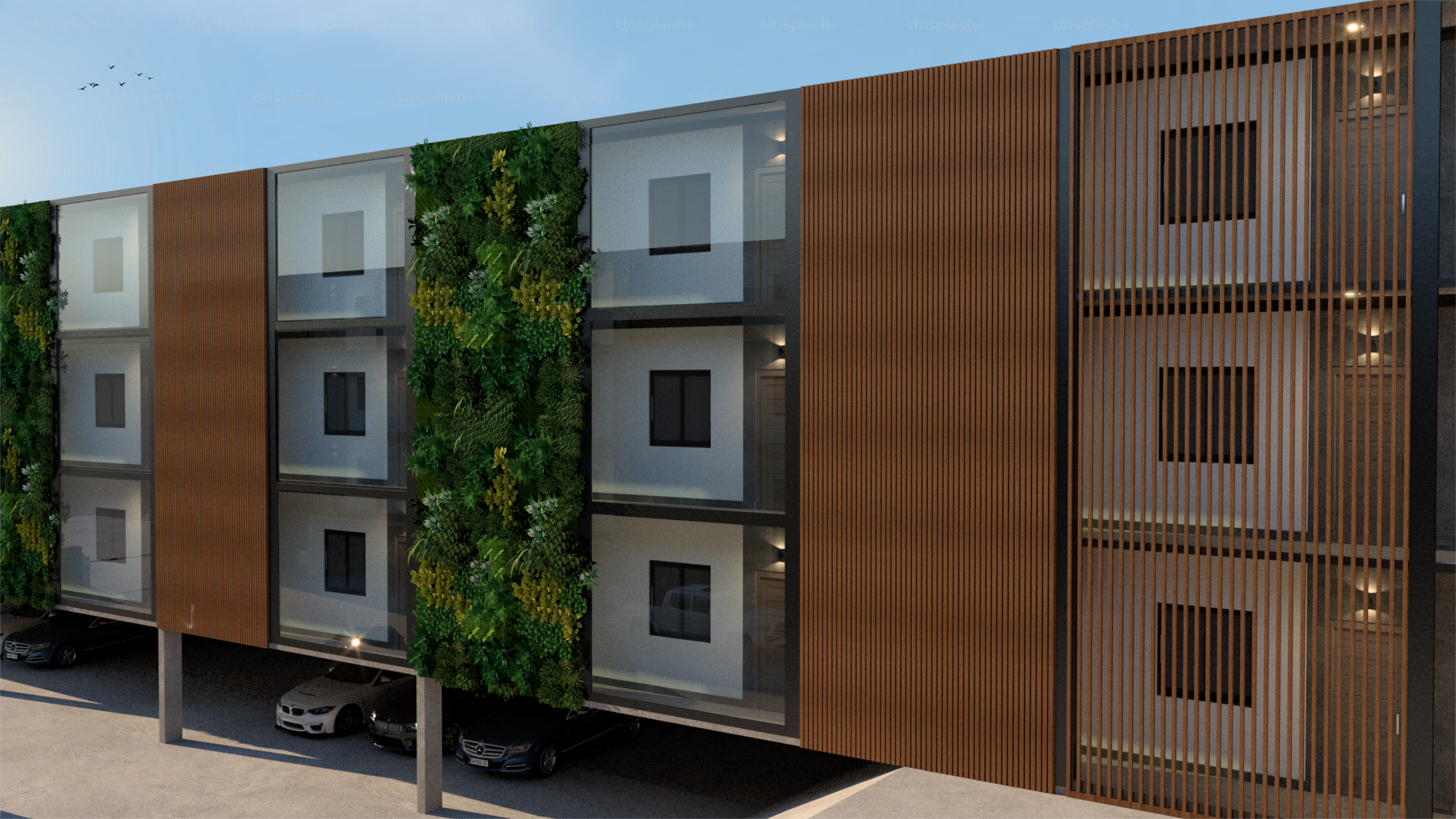 Detalle de fachada — muros verdes y madera