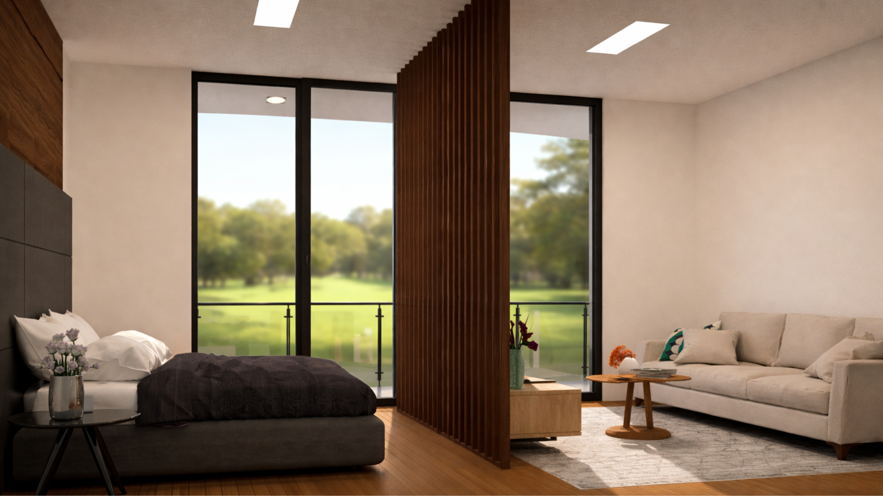 Interior — sala y recámara con vista al exterior